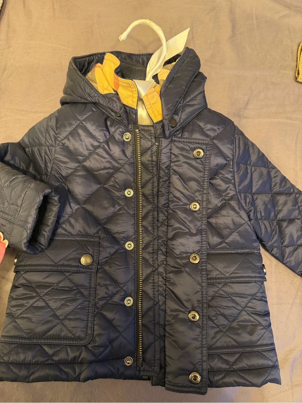 Burberry Navy Quilted Hooded Puffer with Yellow Trim
